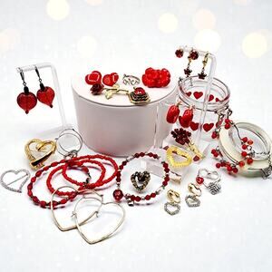 Valentine Jewelry Jar Lot Hearts Red Gold Silver Tone 22pc Vintage to Modern